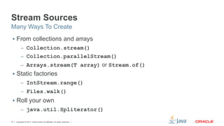 Copyright © 2012, Oracle and/or its affiliates. All rights reserved.27
Stream Sources
§  From collections and arrays
–  Collection.stream()
–  Collection.parallelStream()
–  Arrays.stream(T array) or Stream.of()
§  Static factories
–  IntStream.range()
–  Files.walk()
§  Roll your own
–  java.util.Spliterator()
Many Ways To Create
 