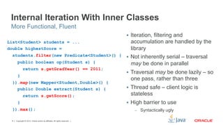 Copyright © 2012, Oracle and/or its affiliates. All rights reserved.6
Internal Iteration With Inner Classes
§  Iteration, filtering and
accumulation are handled by the
library
§  Not inherently serial – traversal
may be done in parallel
§  Traversal may be done lazily – so
one pass, rather than three
§  Thread safe – client logic is
stateless
§  High barrier to use
–  Syntactically ugly
More Functional, Fluent
List<Student> students = ...
double highestScore =
students.filter(new Predicate<Student>() {
public boolean op(Student s) {
return s.getGradYear() == 2011;
}
}).map(new Mapper<Student,Double>() {
public Double extract(Student s) {
return s.getScore();
}
}).max();
 
