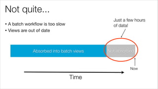 Not quite...
• A batch workﬂow is too slow

• Views are out of date
Absorbed into batch views Not absorbed
Now
Time
Just a few hours
of data!
 