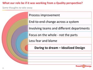 What	
  our	
  role	
  be	
  if	
  it	
  was	
  working	
  from	
  a	
  Quality	
  perspec;ve?	
  
Some	
  thoughts	
  to	
  take	
  away	
  
26	
  
Process	
  improvement	
  
End-­‐to-­‐end	
  change	
  across	
  a	
  system	
  
Involving	
  teams	
  and	
  diﬀerent	
  departments	
  
Focus	
  on	
  the	
  whole	
  -­‐	
  not	
  the	
  parts	
  
Less	
  fear	
  and	
  blame	
  
Daring	
  to	
  dream	
  –	
  Idealized	
  Design	
  
 