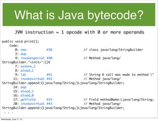 What is Java bytecode?
JVM instruction = 1 opcode with 0 or more operands
public void print();
Code:
0: new #38 // class java/lang/StringBuilder
3: dup
4: invokespecial #40 // Method java/lang/
StringBuilder."<init>":()V
7: astore_1
8: aload_1
9: ldc #41 // String A call was made to method "
11: invokevirtual #43 // Method java/lang/
StringBuilder.append:(Ljava/lang/String;)Ljava/lang/StringBuilder;
14: pop
15: aload_1
16: aload_0
17: getfield #14 // Field methodName:Ljava/lang/String;
20: invokevirtual #43 // Method java/lang/
StringBuilder.append:(Ljava/lang/String;)Ljava/lang/StringBuilder;
. . .
Wednesday, June 11, 14
 
