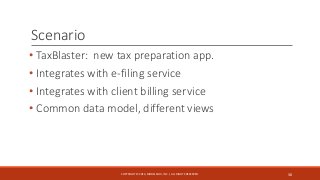 Scenario
• TaxBlaster: new tax preparation app.
• Integrates with e-filing service
• Integrates with client billing servic...