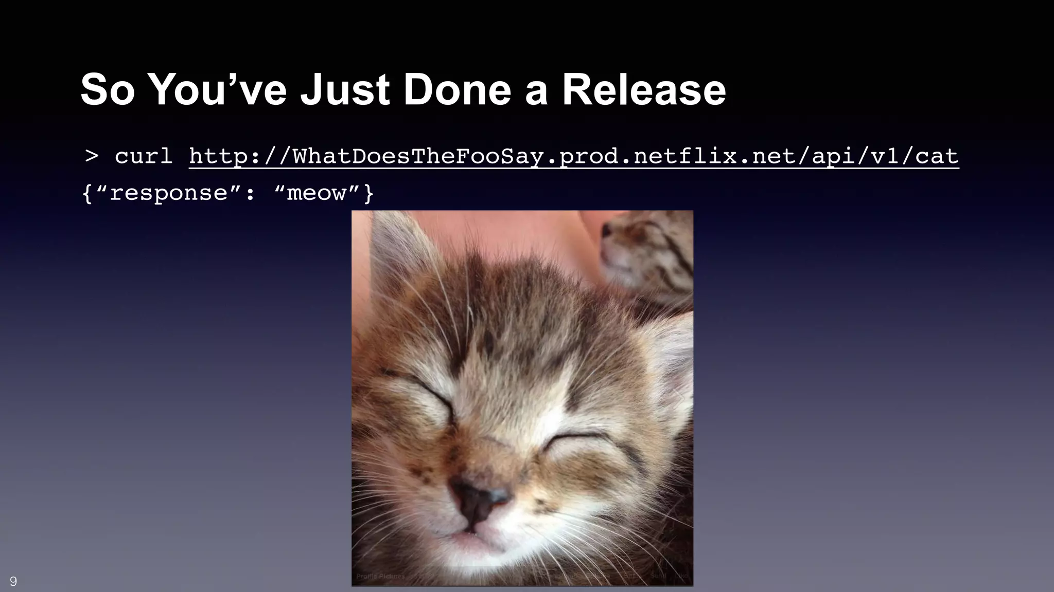 So You’ve Just Done a Release 
> curl http://WhatDoesTheFooSay.prod.netflix.net/api/v1/cat 
{“response”: “meow”} 
9 
 