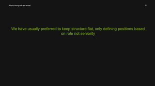 20 
We have usually preferred to keep structure flat, only defining positions based 
on role not seniority 
What’s wrong with the ladder 
 