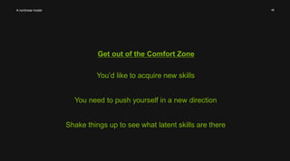 48 
Get out of the Comfort Zone 
A nonlinear model 
You’d like to acquire new skills 
You need to push yourself in a new direction 
Shake things up to see what latent skills are there 
 
