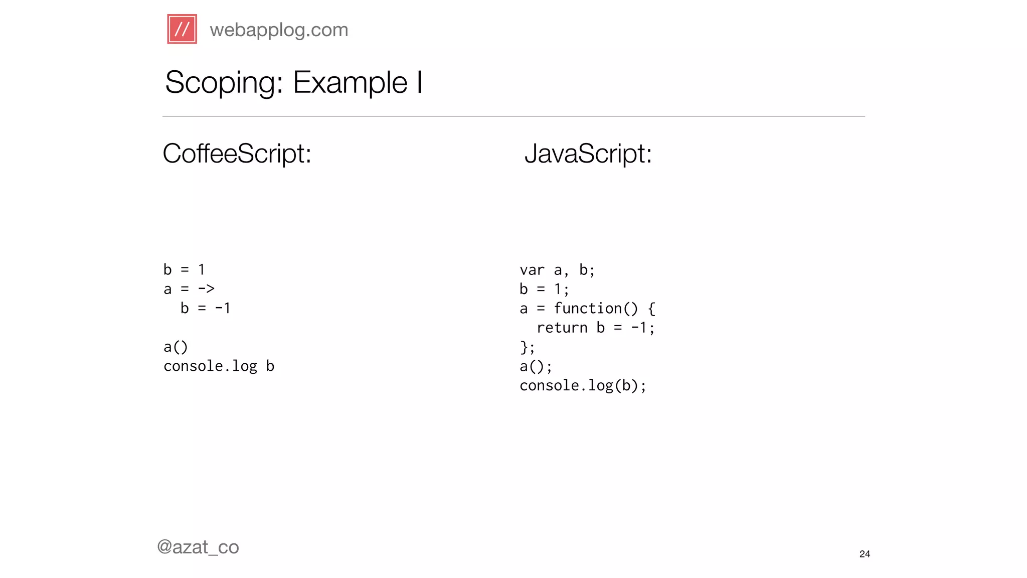 webapplog.com 
Scoping: Example I 
CoffeeScript: JavaScript: 
b = 1 
a = -> 
b = -1 
! 
a() 
console.log b 
@azat_co 
var a, b; 
b = 1; 
a = function() { 
return b = -1; 
}; 
a(); 
console.log(b); 
24 
 