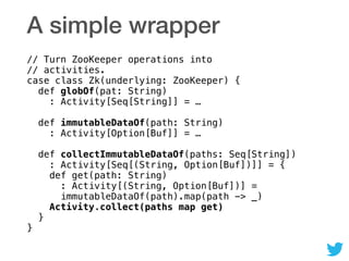 A simple wrapper
// Turn ZooKeeper operations into  
// activities. 
case class Zk(underlying: ZooKeeper) { 
def globOf(pat: String) 
: Activity[Seq[String]] = … 
 
def immutableDataOf(path: String) 
: Activity[Option[Buf]] = … 
 
def collectImmutableDataOf(paths: Seq[String]) 
: Activity[Seq[(String, Option[Buf])]] = { 
def get(path: String) 
: Activity[(String, Option[Buf])] = 
immutableDataOf(path).map(path -> _) 
Activity.collect(paths map get) 
} 
}
 