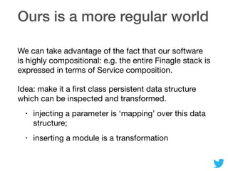 Ours is a more regular world
We can take advantage of the fact that our software
is highly compositional: e.g. the entire Finagle stack is
expressed in terms of Service composition.

Idea: make it a ﬁrst class persistent data structure
which can be inspected and transformed.

• injecting a parameter is ‘mapping’ over this data
structure;

• inserting a module is a transformation
 