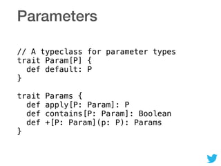 Parameters
// A typeclass for parameter types 
trait Param[P] { 
def default: P 
} 
 
trait Params { 
def apply[P: Param]: P 
def contains[P: Param]: Boolean 
def +[P: Param](p: P): Params 
}
 