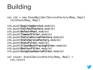 Building
val stk = new StackBuilder[ServiceFactory[Req, Rep]] 
(nilStack[Req, Rep]) 
 
stk.push(ExpiringService.module) 
stk.push(FailFastFactory.module) 
stk.push(DefaultPool.module) 
stk.push(TimeoutFilter.module) 
stk.push(FailureAccrualFactory.module) 
stk.push(StatsServiceFactory.module) 
stk.push(StatsFilter.module) 
stk.push(ClientDestTracingFilter.module) 
stk.push(MonitorFilter.module) 
stk.push(ExceptionSourceFilter.module) 
 
val stack: Stack[ServiceFactory[Req, Rep]] = 
stk.result
 