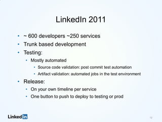 LinkedIn 2011
• ~ 600 developers ~250 services
• Trunk based development
• Testing:
• Mostly automated
• Source code validation: post commit test automation
• Artifact validation: automated jobs in the test environment
• Release:
• On your own timeline per service
• One button to push to deploy to testing or prod
12
 