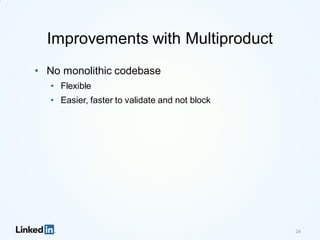Improvements with Multiproduct
• No monolithic codebase
• Flexible
• Easier, faster to validate and not block
24
 