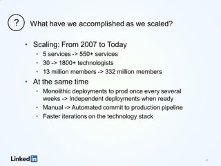 4
What have we accomplished as we scaled??
• Scaling: From 2007 to Today
• 5 services -> 550+ services
• 30 -> 1800+ technologists
• 13 million members -> 332 million members
• At the same time
• Monolithic deployments to prod once every several
weeks -> Independent deployments when ready
• Manual -> Automated commit to production pipeline
• Faster iterations on the technology stack
 