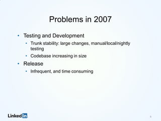 Problems in 2007
• Testing and Development
• Trunk stability: large changes, manual/local/nightly
testing
• Codebase increasing in size
• Release
• Infrequent, and time consuming
6
 