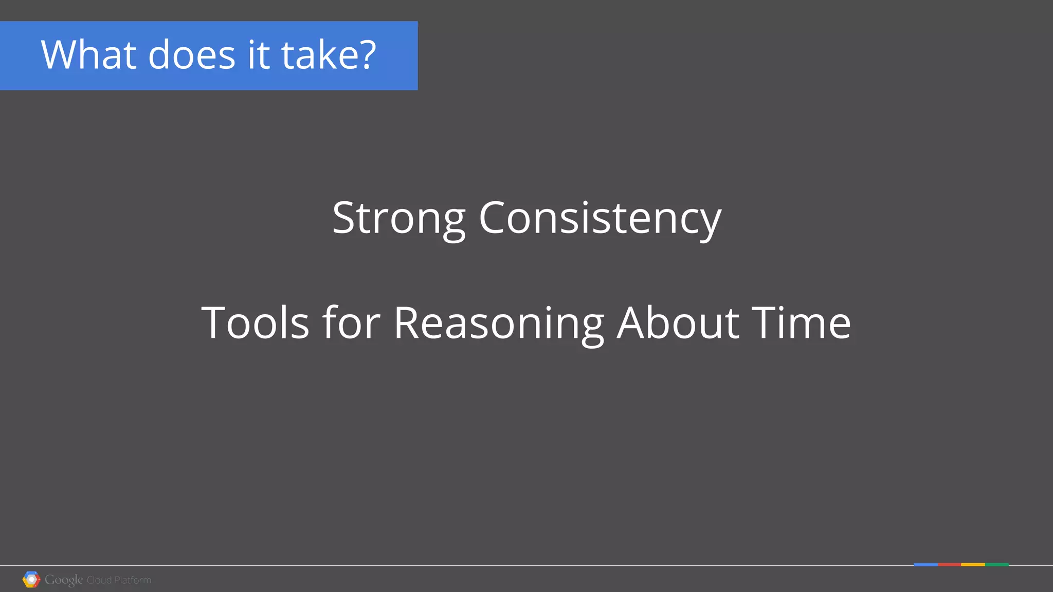 Strong Consistency
Tools for Reasoning About Time
What does it take?
 