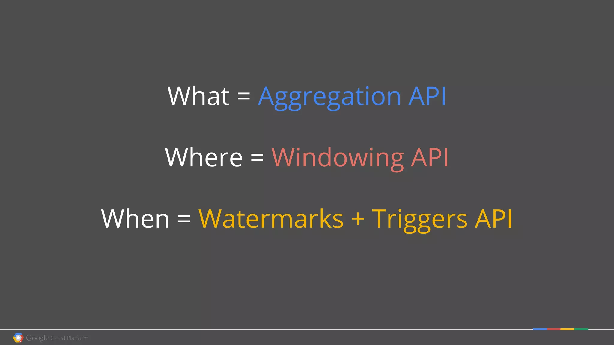 What = Aggregation API
Where = Windowing API
When = Watermarks + Triggers API
 