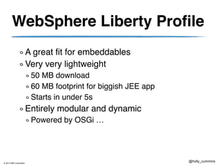 © 2013 IBM Corporation
@holly_cummins
WebSphere Liberty Profile
A great fit for embeddables
Very very lightweight
50 MB download
60 MB footprint for biggish JEE app
Starts in under 5s
Entirely modular and dynamic
Powered by OSGi …
 