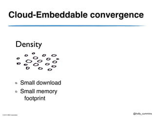 © 2013 IBM Corporation
@holly_cummins
Cloud-Embeddable convergence
Small download
Small memory
footprint
Density
 