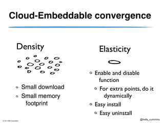 © 2013 IBM Corporation
@holly_cummins
Enable and disable
function
For extra points, do it
dynamically
Easy install
Easy uninstall
Cloud-Embeddable convergence
Small download
Small memory
footprint
Density Elasticity
 