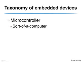 © 2013 IBM Corporation
@holly_cummins
Taxonomy of embedded devices
Microcontroller
Sort-of-a-computer
 