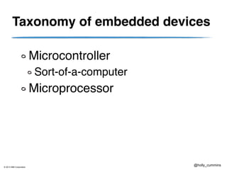 © 2013 IBM Corporation
@holly_cummins
Taxonomy of embedded devices
Microcontroller
Sort-of-a-computer
Microprocessor
 