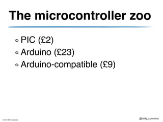 © 2013 IBM Corporation
@holly_cummins
The microcontroller zoo
PIC (£2)
Arduino (£23)
Arduino-compatible (£9)
 