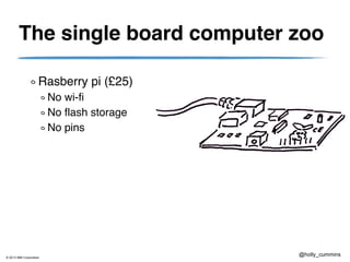 © 2013 IBM Corporation
@holly_cummins
The single board computer zoo
Rasberry pi (£25)
No wi-fi
No flash storage
No pins
 