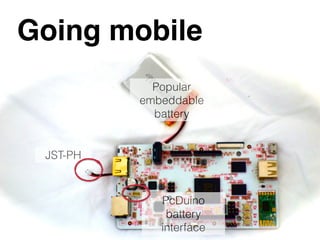 © 2013 IBM Corporation
@holly_cummins
Going mobile
Popular
embeddable
battery
PcDuino
battery
interface
JST-PH
 