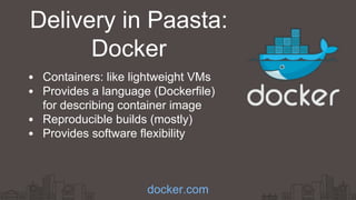 Delivery in Paasta:
Docker
Containers: like lightweight VMs
Provides a language (Dockerfile)
for describing container image
Reproducible builds (mostly)
Provides software flexibility
docker.com
 