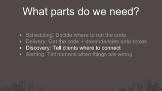 Scheduling: Decide where to run the code
Delivery: Get the code + dependencies onto boxes
Discovery: Tell clients where to connect
Alerting: Tell humans when things are wrong
What parts do we need?
 