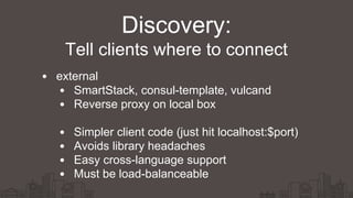 external
SmartStack, consul-template, vulcand
Reverse proxy on local box
Simpler client code (just hit localhost:$port)
Avoids library headaches
Easy cross-language support
Must be load-balanceable
Discovery:
Tell clients where to connect
 