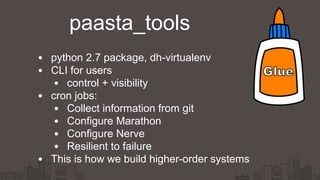 python 2.7 package, dh-virtualenv
CLI for users
control + visibility
cron jobs:
Collect information from git
Configure Marathon
Configure Nerve
Resilient to failure
This is how we build higher-order systems
paasta_tools
 