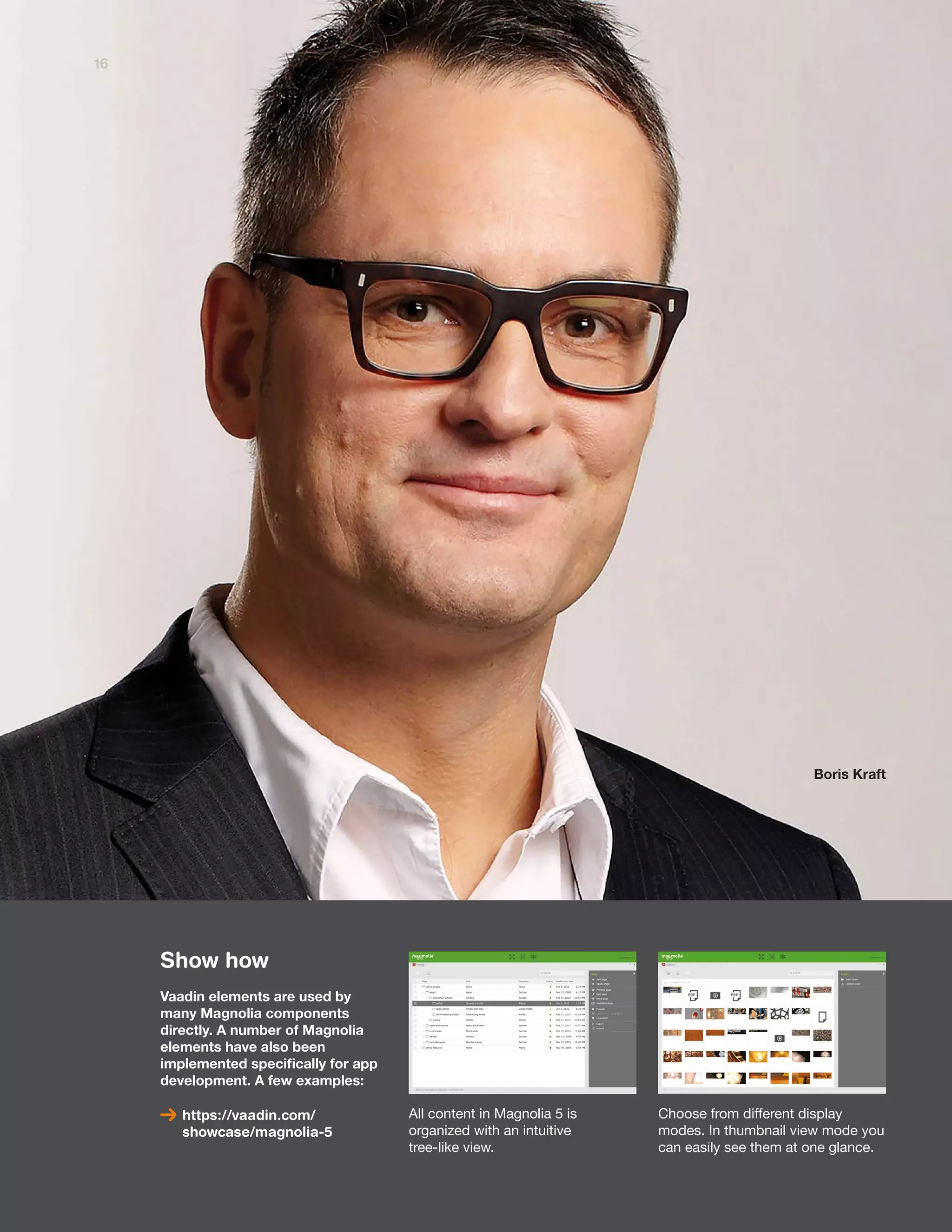 All content in Magnolia 5 is
organized with an intuitive
tree-like view.
Choose from different display
modes. In thumbnail view mode you
can easily see them at one glance.
https://vaadin.com/
showcase/magnolia-5
Show how
Vaadin elements are used by
many Magnolia components
directly. A number of Magnolia
elements have also been
implemented specifically for app
development. A few examples:
Boris Kraft
16
 
