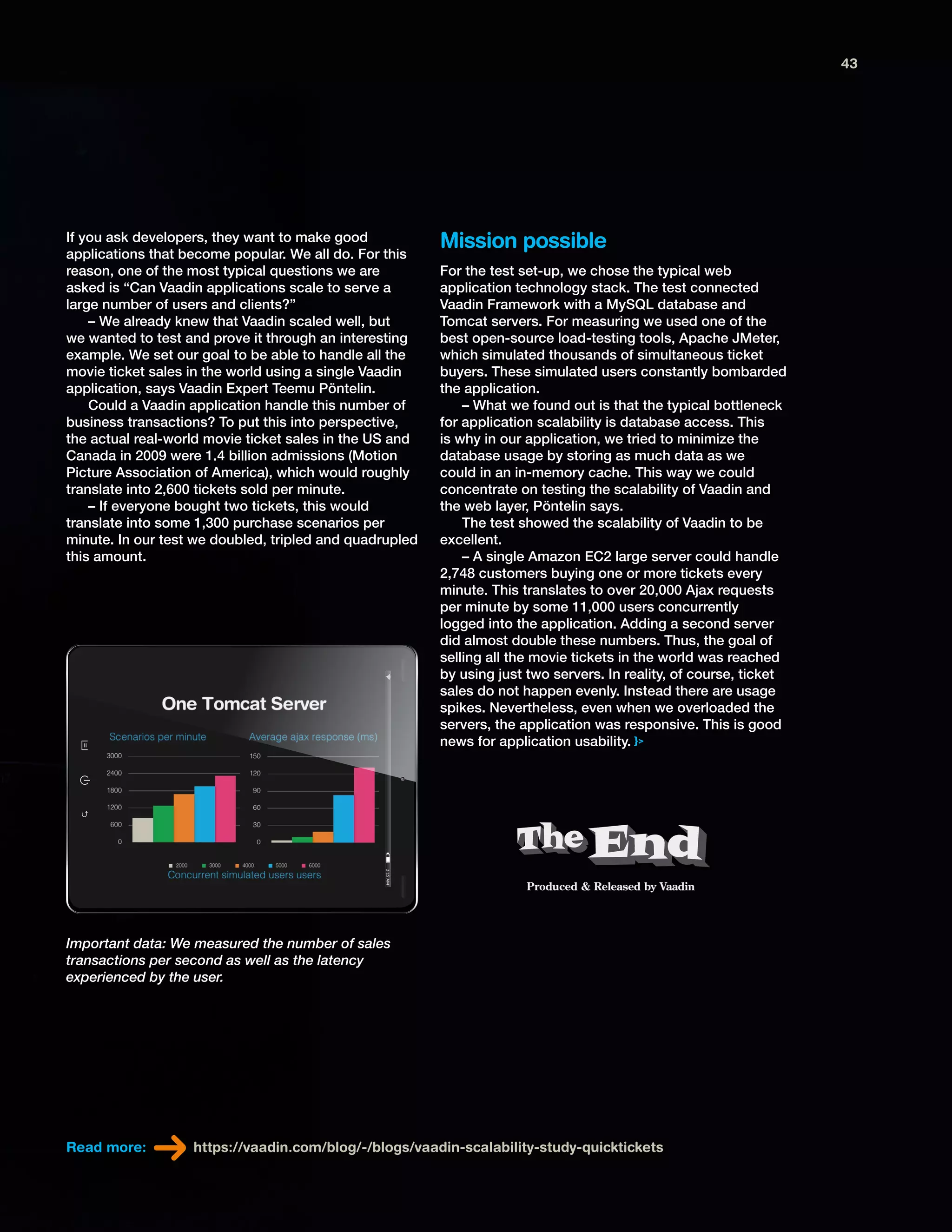 Produced & Released by VaadinProduced & Released by Vaadin
If you ask developers, they want to make good
applications that become popular. We all do. For this
reason, one of the most typical questions we are
asked is “Can Vaadin applications scale to serve a
large number of users and clients?”
– We already knew that Vaadin scaled well, but
we wanted to test and prove it through an interesting
example. We set our goal to be able to handle all the
movie ticket sales in the world using a single Vaadin
application, says Vaadin Expert Teemu Pöntelin.
Could a Vaadin application handle this number of
business transactions? To put this into perspective,
the actual real-world movie ticket sales in the US and
Canada in 2009 were 1.4 billion admissions (Motion
Picture Association of America), which would roughly
translate into 2,600 tickets sold per minute.
– If everyone bought two tickets, this would
translate into some 1,300 purchase scenarios per
minute. In our test we doubled, tripled and quadrupled
this amount.
For the test set-up, we chose the typical web
application technology stack. The test connected
Vaadin Framework with a MySQL database and
Tomcat servers. For measuring we used one of the
best open-source load-testing tools, Apache JMeter,
which simulated thousands of simultaneous ticket
buyers. These simulated users constantly bombarded
the application.
– What we found out is that the typical bottleneck
for application scalability is database access. This
is why in our application, we tried to minimize the
database usage by storing as much data as we
could in an in-memory cache. This way we could
concentrate on testing the scalability of Vaadin and
the web layer, Pöntelin says.
The test showed the scalability of Vaadin to be
excellent.
– A single Amazon EC2 large server could handle
2,748 customers buying one or more tickets every
minute. This translates to over 20,000 Ajax requests
per minute by some 11,000 users concurrently
logged into the application. Adding a second server
did almost double these numbers. Thus, the goal of
selling all the movie tickets in the world was reached
by using just two servers. In reality, of course, ticket
sales do not happen evenly. Instead there are usage
spikes. Nevertheless, even when we overloaded the
servers, the application was responsive. This is good
news for application usability.
Read more: https://vaadin.com/blog/-/blogs/vaadin-scalability-study-quicktickets
Mission possible
Important data: We measured the number of sales
transactions per second as well as the latency
experienced by the user.
43
 