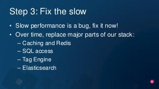 31
Step 3: Fix the slow
• Slow performance is a bug, fix it now!
• Over time, replace major parts of our stack:
– Caching ...