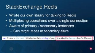 53
StackExchange.Redis
• Wrote our own library for talking to Redis
• Multiplexing operations over a single connection
• A...