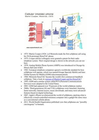 • 1973: Martin Cooper (1928–) of Motorola made the first cellphone call using
his 28-lb prototype DynaTAC phone.
• 1975: Cooper and his colleagues were granted a patent for their radio
telephone system. Their original design is shown in the artwork you can see
here.
• 1978: Analog Mobile Phone System (AMPS) was introduced in Chicago by
Illinois Bell and AT&T.
• 1982: European telephone companies agreed a worldwide standard for how
cellphones will operate, which was named Groupe Speciale Mobile and later
Global System for Mobile (GSM) telecommunications.
• 1984: Motorola DynaTAC became the world's first commercial handheld
cellphone. Take a look at a picture of Martin Cooper and his DynaTAC!
• 1995: GSM and a similar system called PCS (Personal Communications
Services) were adopted in the United States.
• 2001: GSM had captured over 70 percent of the world cellphone market.
• 2000s: Third-generation (3G and 3.5G) cellphones were launched, featuring
faster networks, Internet access, music downloads, and many more advanced
features based on digital technology.
• 2007: Apple's iPhone revolutionized the world of cellphones, packing what is
effectively a touch-controlled miniature computer into a gadget the same since
as a conventional cellular phone.
• 2011: World Health Organization published view that cellphones are "possibly
carcinogenic" to humans.
15.
 