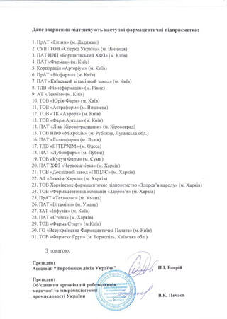 1. ПрАТ «Ензим» (м. Ладижин)
2. СУІП ТОВ «Сперко Україна» (м. Вінниця)
3. ПАТ НВЦ «Борщагівський ХФЗ» (м. Київ)
4. ПАТ «Фармак» (м. Київ)
5. Корпорація «Артеріум» (м. Київ)
6. ПрАТ «Біофарма» (м. Київ)
7. ПАТ «Київський вітамінний завод» (м. Київ)
8. ТДВ «Рівнефармація» (м. Рівне)
9. АТ «Лекхім» (м. Київ)
10. ТОВ «Юрія-Фарм» (м. Київ)
11. ТОВ «Астрафарм» (м. Вишневе)
12. TOB «ТК «Аврора» (м. Київ)
13. ТОВ «Фарм Артель» (м. Київ)
14. ПАТ «Ліки Кіровоградщини» (м. Кіровоград)
15. ТОВ НВФ «Мікрохім» (м. Рубіжне, Луганська обл.)
16. ПАТ «Галичфарм» (м. Львів)
17. ТДВ «ІНТЕРХІМ» (м. Одеса)
18. ПАТ «Лубнифарм» (м. Лубни)
19. ТОВ «Кусум Фарм» (м. Суми)
20. ПАТ ХФЗ «Червона зірка» (м. Харків)
21. ТОВ «Дослідний завод «ГНЦЛС» (м. Харків)
22. АТ «Лекхім-Харків» (м. Харків)
23. ТОВ Харківське фармацевтичне підприємство «Здоров’я народу» (м. Харків)
24. ТОВ «Фармацевтична компанія «Здоров’я» (м. Харків)
25. ПрАТ «Технолог» (м. Умань)
26. ПАТ «Вітаміни» (м. Умань)
27. ЗАТ «Інфузія» (м. Київ)
28. ПАТ «Стома» (м. Харків)
29. ТОВ «Фарма Старт» (м.Київ)
30. ГО «Всеукраїнська Фармацевтична Палата» (м. Київ)
31. ТОВ «Фармекс Груп» (м. Бориспіль, Київська обл.)
Дане звернення підтримують наступні фармацевтичні підприємства:
З повагою,
Президент
Асоціації “Виробники ліків України’
країна
Президент
Об’єднання організацій '
медичної та мікробіологічної^1 та *.■ікробіодогічноТ
. .  S .V промисловопійфа,ии
промисловості України  о  1Де„Ти$ич«£
код 26476415
П.І. Багрій
В.К. Печаєв
 