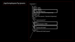 /api/employees?q=jevans "employees": [
{
"id": "241",
"firstName": "Josh",
"lastName": "Evans",
"username": "jevans",
"email": "jevans@netflix.com",
"jobTitle": "Director of Operations Engineering",
"isManager": true,
"isCurrent": true,
"title": "Josh Evans (jevans) - Operations Engineering",
"_links": {
"self": {
"href": "/api/employees/241"
},
"manager": {
"href": "/api/employees/117890"
},
"team": {
"href": "/api/teams/f9134a81"
},
"projects": {
"href": "/api/teams/f9134a81/projects"
}
}
}
]
}
 