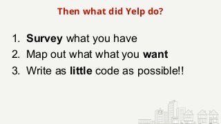 Then what did Yelp do?
1. Survey what you have
2. Map out what what you want
3. Write as little code as possible!!
 