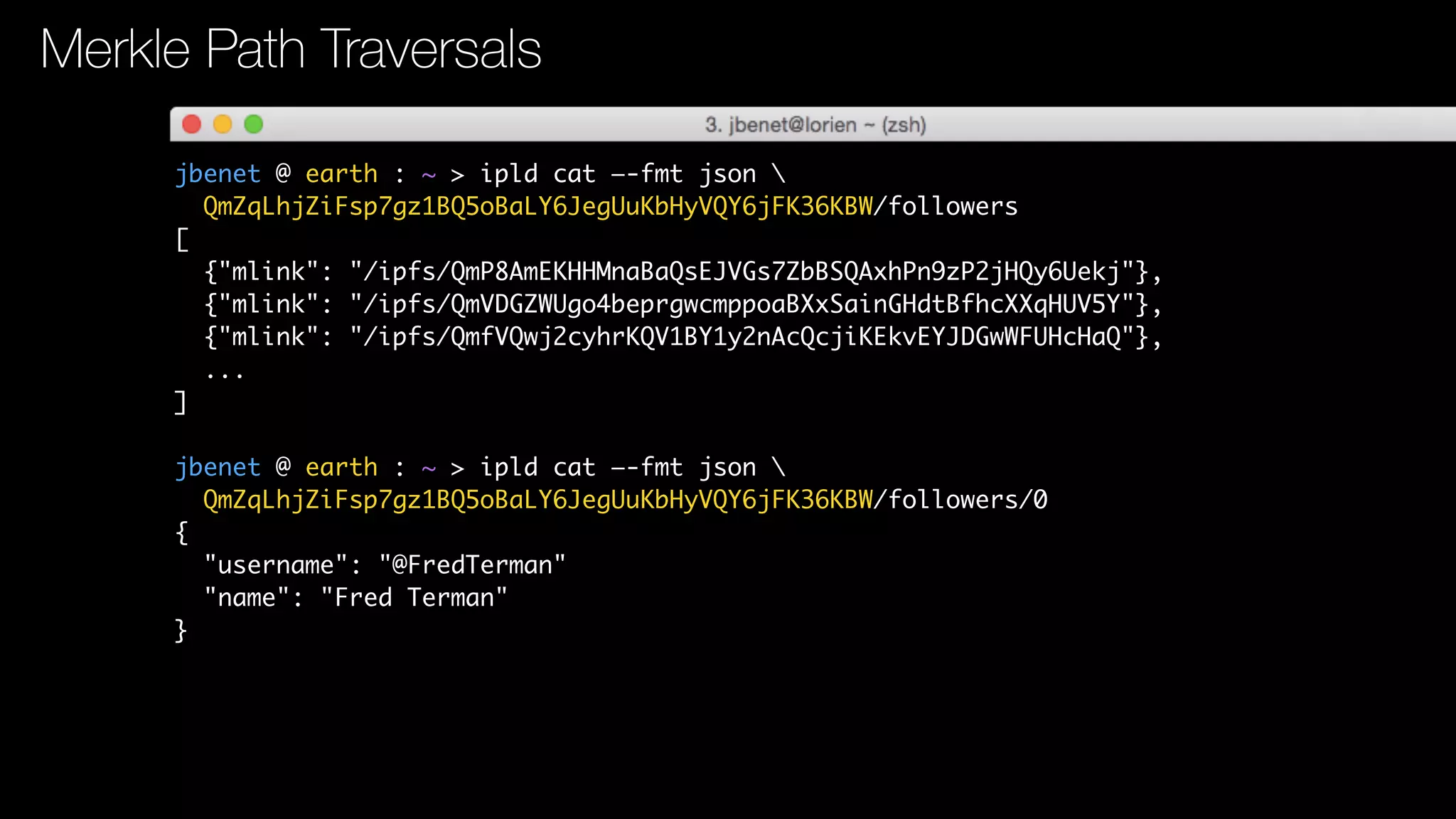 jbenet @ earth : ~ > ipld cat —-fmt json 
QmZqLhjZiFsp7gz1BQ5oBaLY6JegUuKbHyVQY6jFK36KBW/followers
[
{"mlink": "/ipfs/QmP8AmEKHHMnaBaQsEJVGs7ZbBSQAxhPn9zP2jHQy6Uekj"},
{"mlink": "/ipfs/QmVDGZWUgo4beprgwcmppoaBXxSainGHdtBfhcXXqHUV5Y"},
{"mlink": "/ipfs/QmfVQwj2cyhrKQV1BY1y2nAcQcjiKEkvEYJDGwWFUHcHaQ"},
...
]
jbenet @ earth : ~ > ipld cat —-fmt json 
QmZqLhjZiFsp7gz1BQ5oBaLY6JegUuKbHyVQY6jFK36KBW/followers/0
{
"username": "@FredTerman"
"name": "Fred Terman"
}
Merkle Path Traversals
 