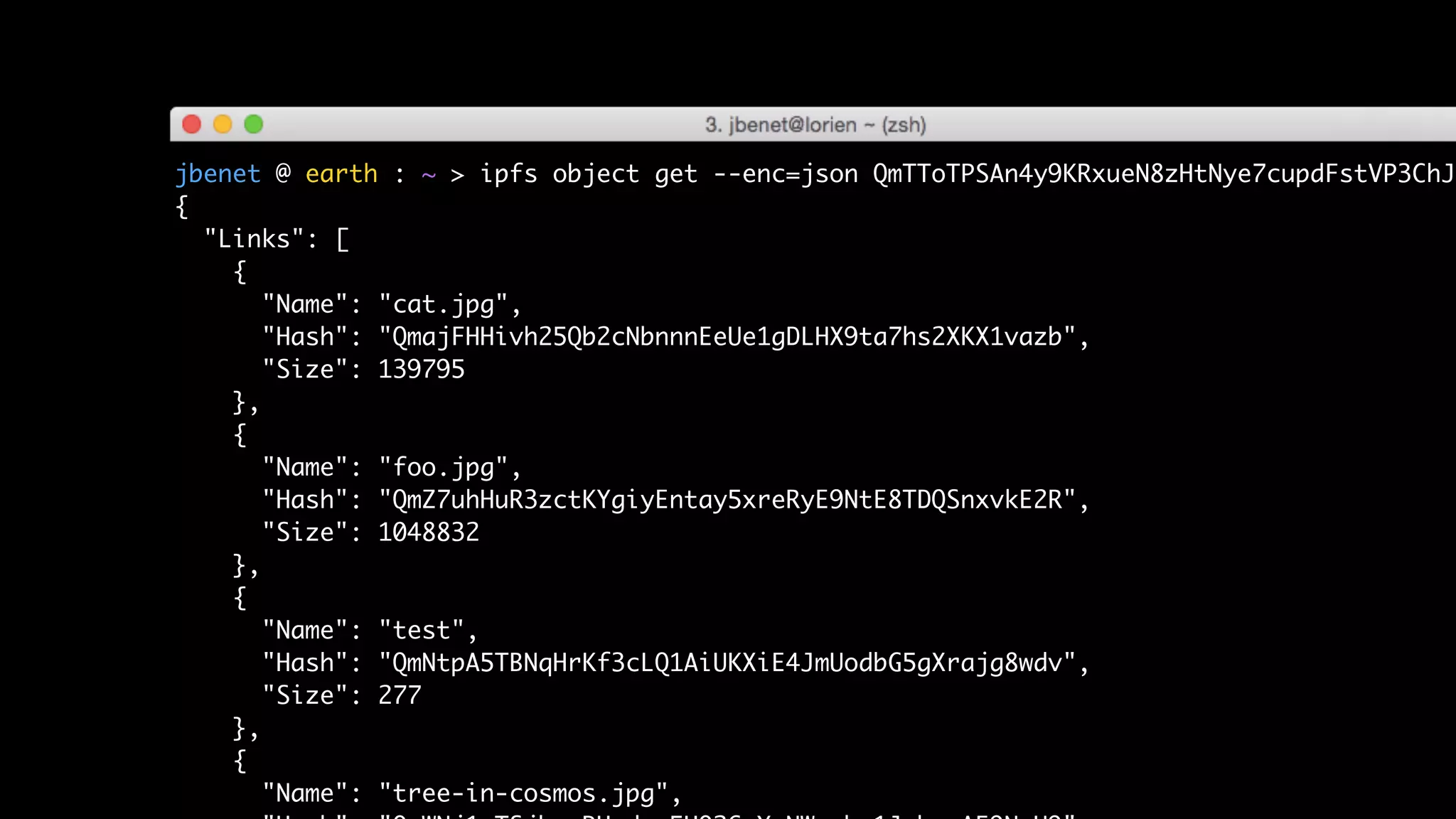 jbenet @ earth : ~ > ipfs object get --enc=json QmTToTPSAn4y9KRxueN8zHtNye7cupdFstVP3ChJK
{
"Links": [
{
"Name": "cat.jpg",
"Hash": "QmajFHHivh25Qb2cNbnnnEeUe1gDLHX9ta7hs2XKX1vazb",
"Size": 139795
},
{
"Name": "foo.jpg",
"Hash": "QmZ7uhHuR3zctKYgiyEntay5xreRyE9NtE8TDQSnxvkE2R",
"Size": 1048832
},
{
"Name": "test",
"Hash": "QmNtpA5TBNqHrKf3cLQ1AiUKXiE4JmUodbG5gXrajg8wdv",
"Size": 277
},
{
"Name": "tree-in-cosmos.jpg",
 