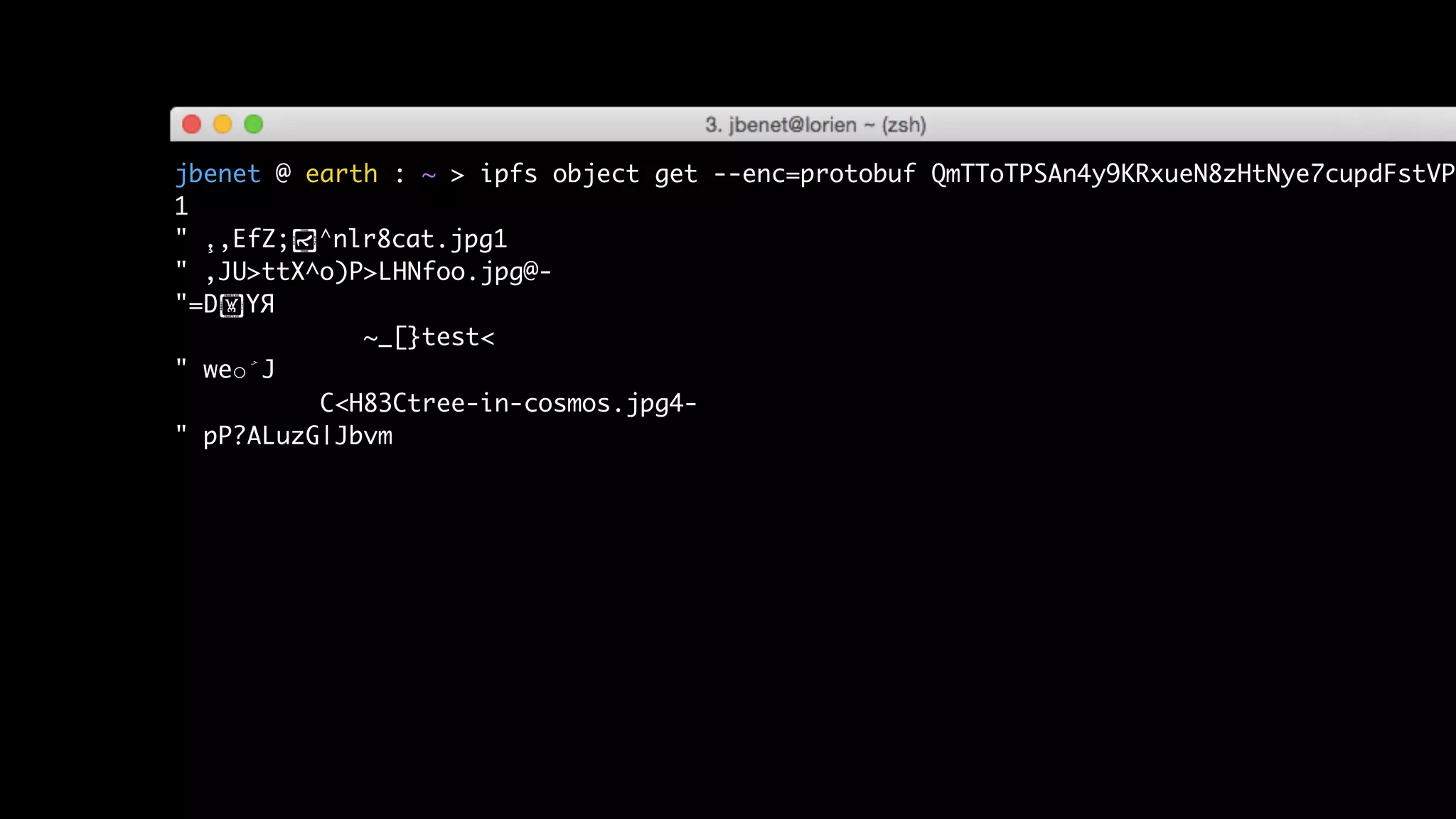 jbenet @ earth : ~ > ipfs object get --enc=protobuf QmTToTPSAn4y9KRxueN8zHtNye7cupdFstVP3
1
" .̧,EfZ;!˄nlr8cat.jpg1
" ,JU>ttX^o)P>LHNfoo.jpg@-
"=D"YЯ
~_[}test<
" weoۡJ
C<H83Ctree-in-cosmos.jpg4-
" pP?ALuzG|Jbvm
 
