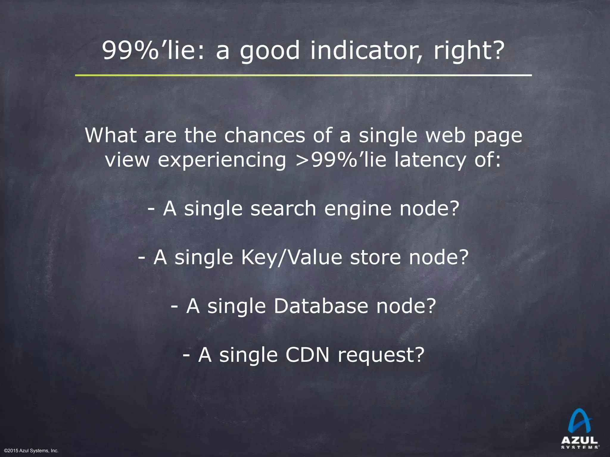 ©2015 Azul Systems, Inc.	 	 	 	 	 	
99%’lie: a good indicator, right?
What are the chances of a single web page
view experiencing >99%’lie latency of:
- A single search engine node?
- A single Key/Value store node?
- A single Database node?
- A single CDN request?
 