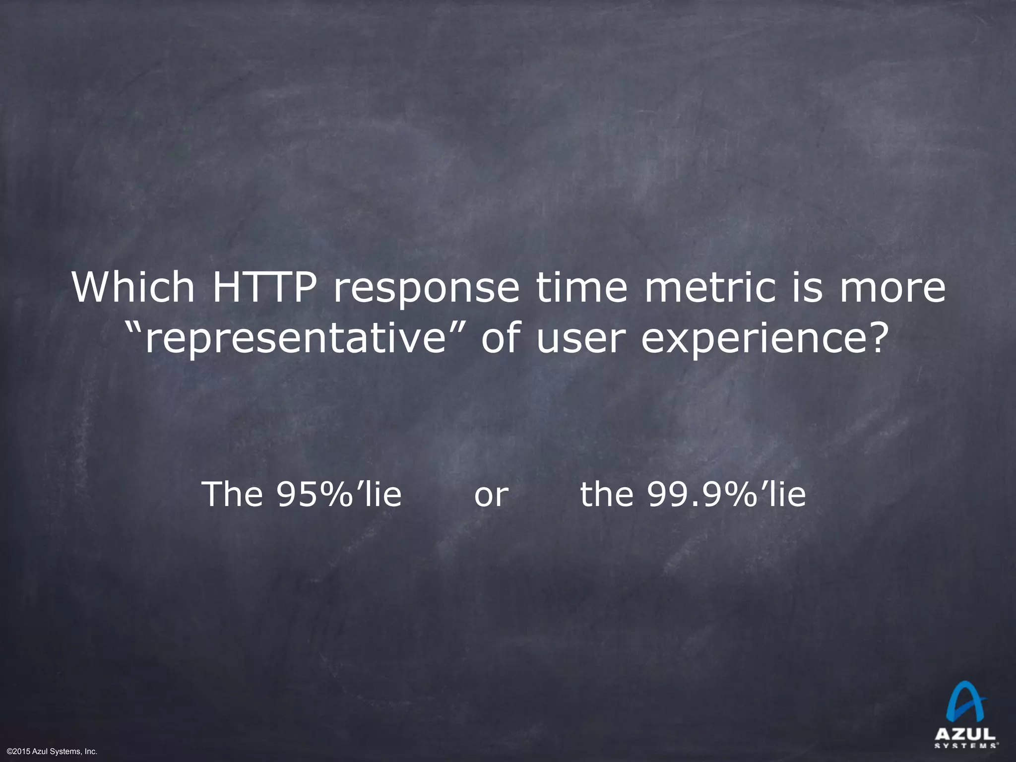©2015 Azul Systems, Inc.	 	 	 	 	 	
Which HTTP response time metric is more
“representative” of user experience?
The 95%’lie or the 99.9%’lie
 