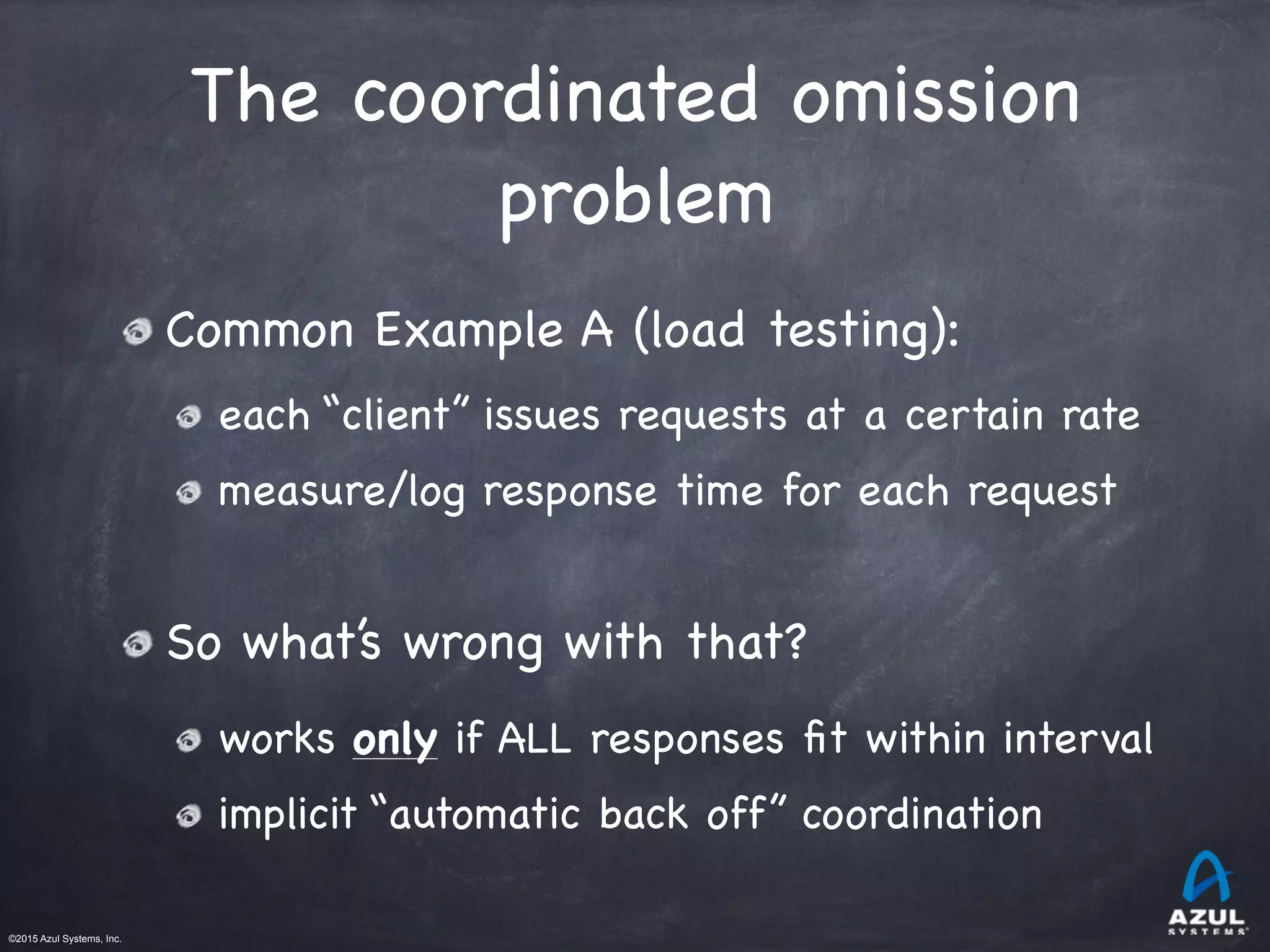 ©2015 Azul Systems, Inc.	 	 	 	 	 	
The coordinated omission
problem
Common Example A (load testing):

each “client” issues requests at a certain rate

measure/log response time for each request

So what’s wrong with that?

works only if ALL responses ﬁt within interval

implicit “automatic back off” coordination
 