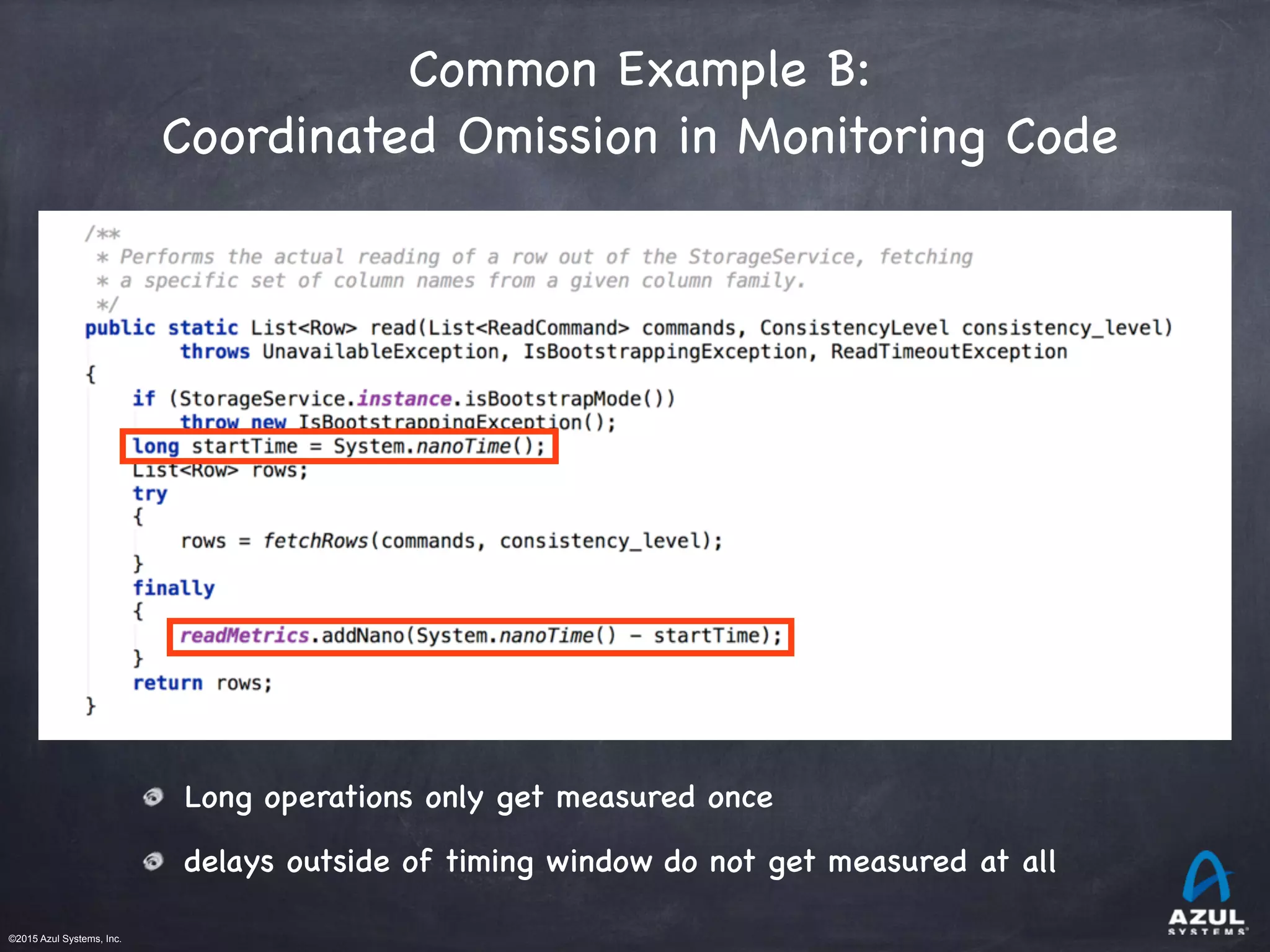 ©2015 Azul Systems, Inc.	 	 	 	 	 	
Common Example B: 

Coordinated Omission in Monitoring Code
Long operations only get measured once
delays outside of timing window do not get measured at all
 