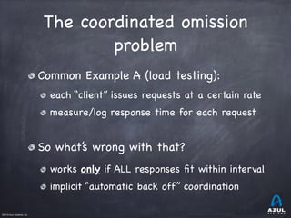 ©2015 Azul Systems, Inc.	 	 	 	 	 	
The coordinated omission
problem
Common Example A (load testing):

each “client” issue...