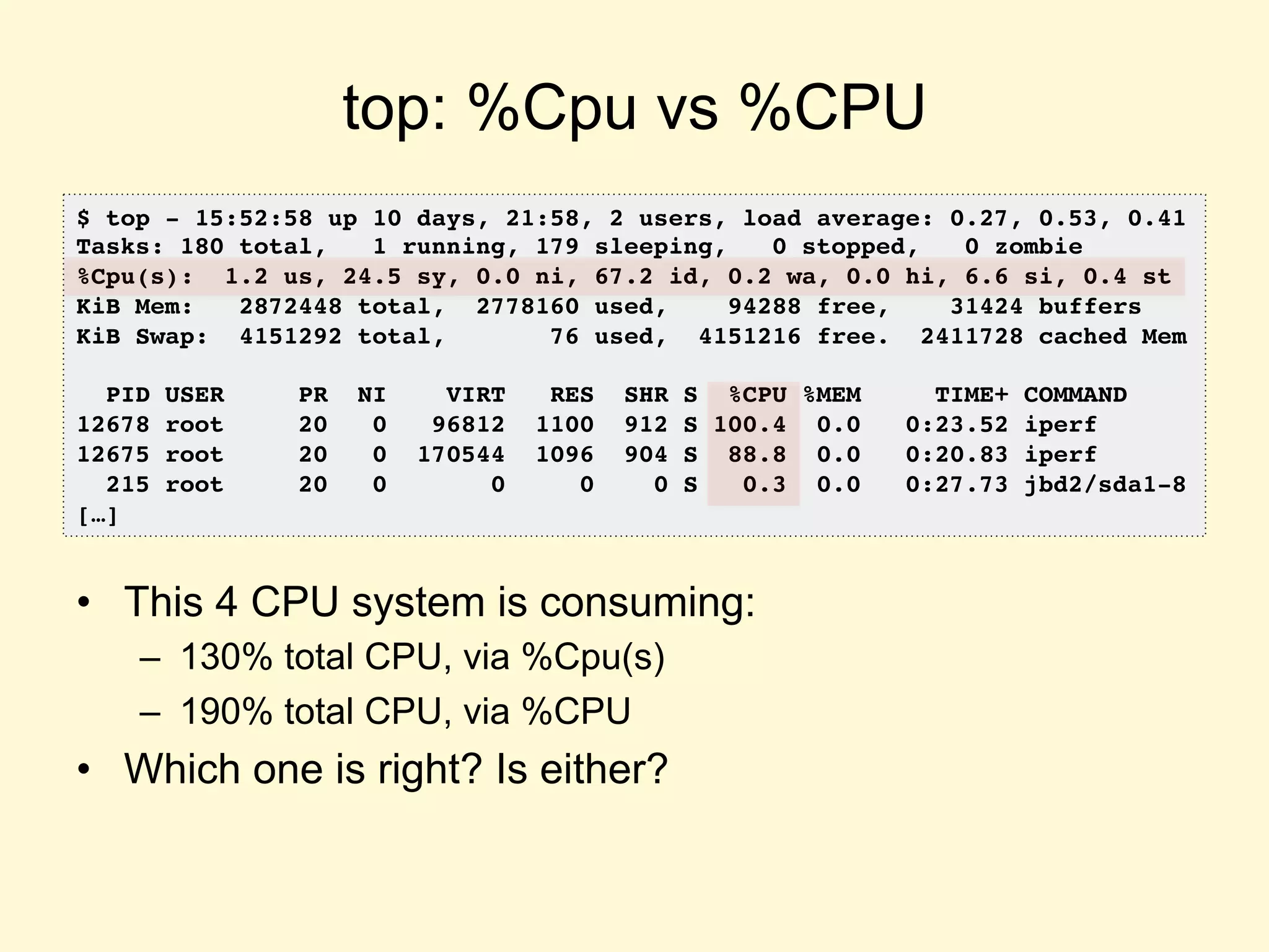 top: %Cpu vs %CPU
•  This 4 CPU system is consuming:
–  130% total CPU, via %Cpu(s)
–  190% total CPU, via %CPU
•  Which one is right? Is either?
$ top - 15:52:58 up 10 days, 21:58, 2 users, load average: 0.27, 0.53, 0.41
Tasks: 180 total, 1 running, 179 sleeping, 0 stopped, 0 zombie
%Cpu(s): 1.2 us, 24.5 sy, 0.0 ni, 67.2 id, 0.2 wa, 0.0 hi, 6.6 si, 0.4 st
KiB Mem: 2872448 total, 2778160 used, 94288 free, 31424 buffers
KiB Swap: 4151292 total, 76 used, 4151216 free. 2411728 cached Mem
PID USER PR NI VIRT RES SHR S %CPU %MEM TIME+ COMMAND
12678 root 20 0 96812 1100 912 S 100.4 0.0 0:23.52 iperf
12675 root 20 0 170544 1096 904 S 88.8 0.0 0:20.83 iperf
215 root 20 0 0 0 0 S 0.3 0.0 0:27.73 jbd2/sda1-8
[…]
 