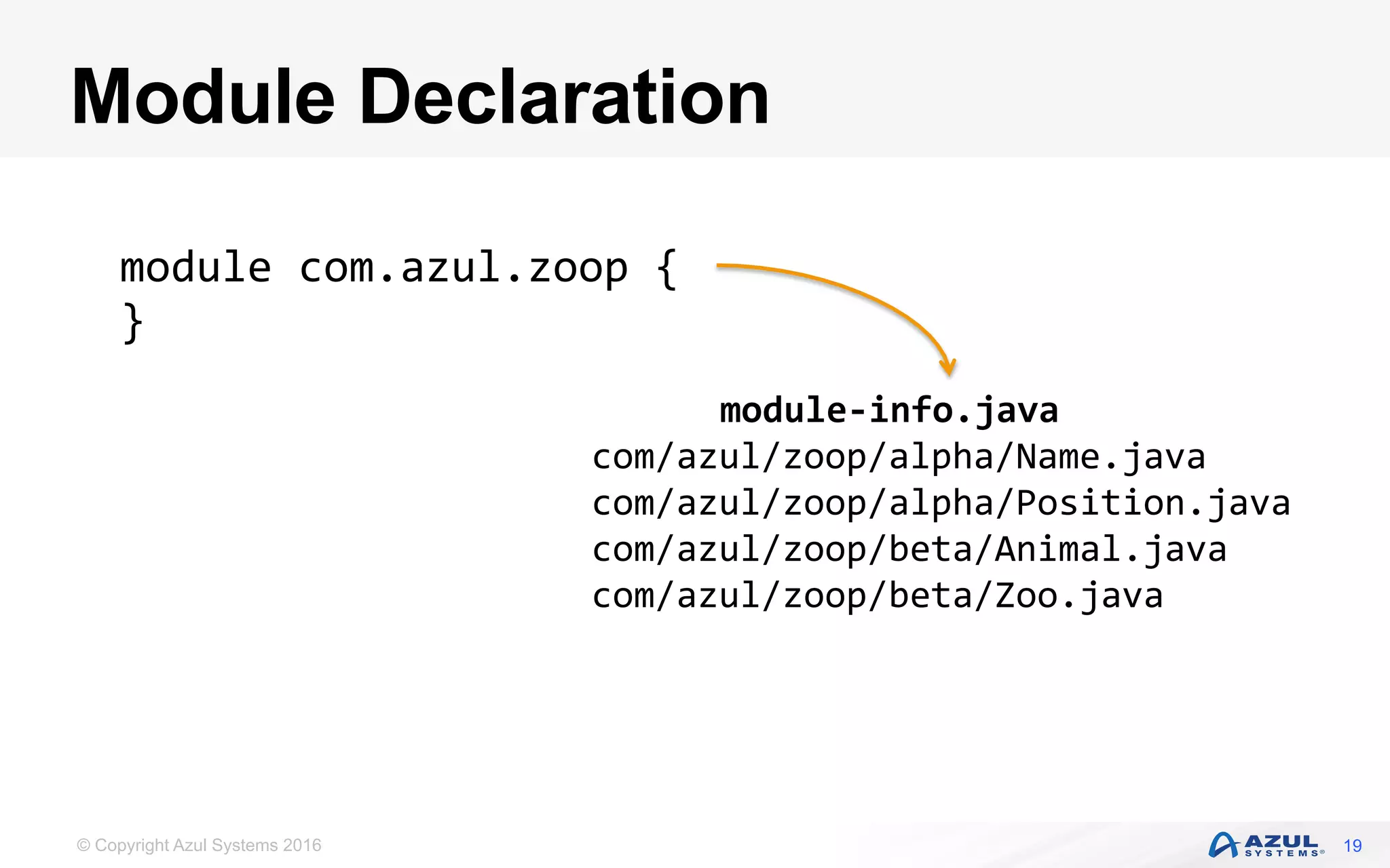 © Copyright Azul Systems 2016
Module Declaration
19
module	com.azul.zoop	{	
}	
module-info.java	
com/azul/zoop/alpha/Name.java	
com/azul/zoop/alpha/Position.java	
com/azul/zoop/beta/Animal.java	
com/azul/zoop/beta/Zoo.java	
 